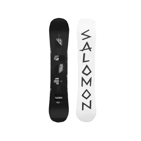 Black and white Salomon snowboard featuring a sleek design and durable materials, perfect for winter sports enthusiasts.