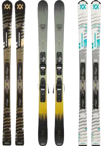 Men's black and gold Völkl skis with yellow gradient, featuring integrated bindings for all-mountain performance.