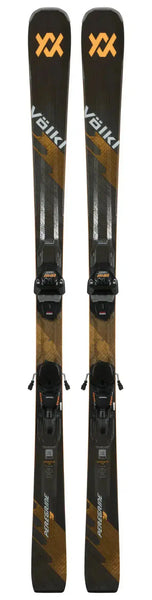 Black and gold Völkl Performance 7.4 skis with bindings, featuring sleek design for optimal winter performance.