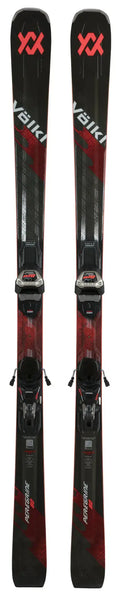Black and red Völkl Deacon 76 skis with bindings, featuring a sleek design for optimal performance on the slopes.