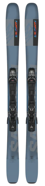 Blue all-mountain skis with black bindings, featuring a sleek design and durable construction for optimal performance.
