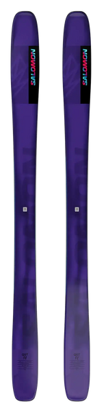 Purple all-mountain skis with a sleek design, featuring a modern logo and durable construction for optimal performance.