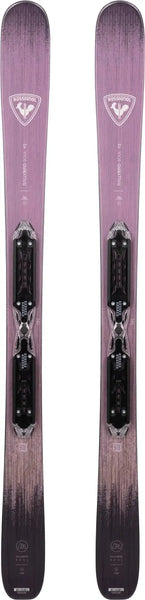 Purple gradient freestyle skis with black bindings, designed for versatility and performance on various terrains.
