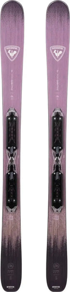 Women's purple gradient skis with black bindings, designed for freestyle skiing and crafted for performance.