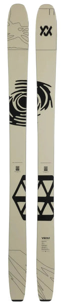 Beige women's skis with black geometric designs, crafted for performance and style in winter sports.