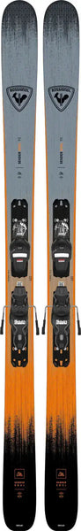 Rossignol 2023 all-mountain skis with black bindings, gray and orange gradient design, perfect for winter sports enthusiasts.