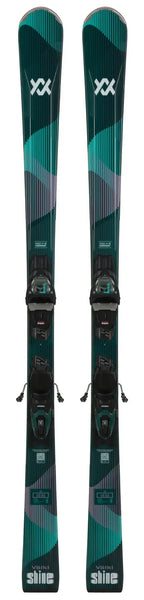 Women's Volkl Shine skis in teal and black with sleek design and integrated bindings for optimal performance.