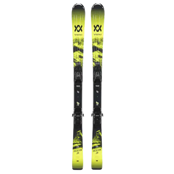 Yellow and black Völkl Deacon JR skis with bindings, designed for junior skiers, featuring a stylish graphic pattern.