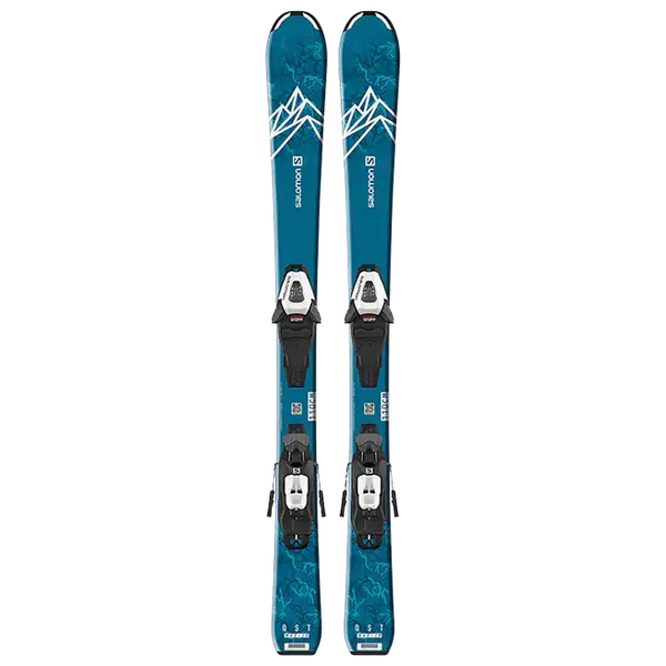 Blue graphic design skis with white mountain accents and black bindings, perfect for winter sports adventures.