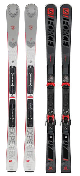 Men's Salomon Force 152 skis in grey and black with red accents, ideal for all-mountain performance.