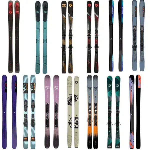 A diverse selection of men's and women's skis in various colors and styles: blue, black, purple, and green.