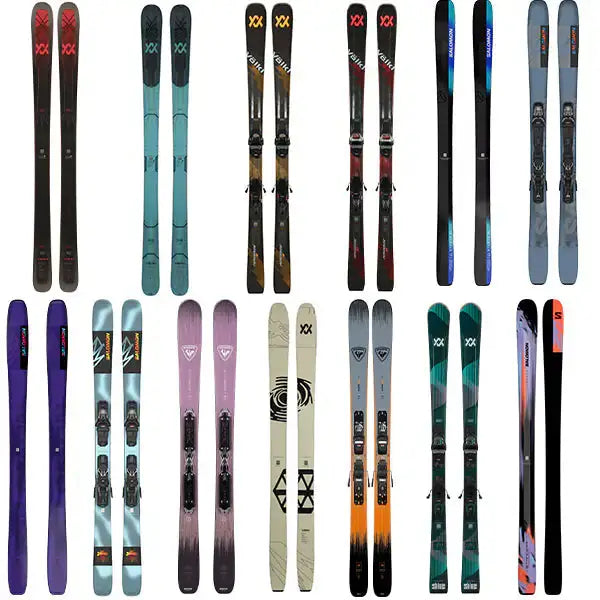 Colorful modern skis in various designs and sizes, featuring graphics on durable materials, ideal for winter sports.