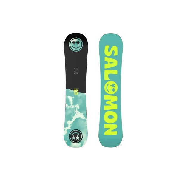 Turquoise and black Salomon snowboard with cloud design and bold yellow logo, perfect for stylish winter adventures.